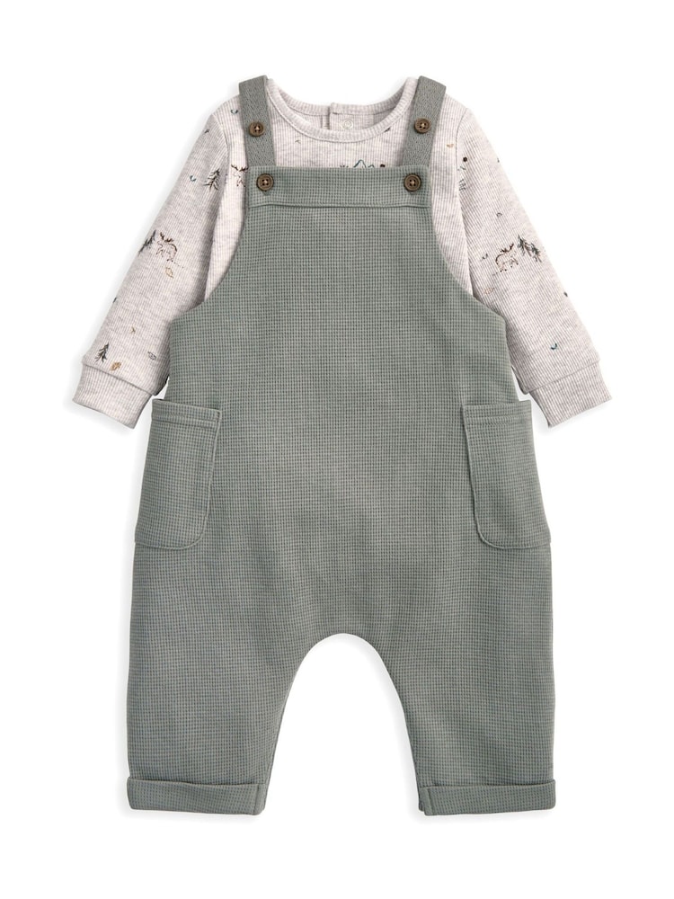 Mamas & Papas Green Waffle Dungarees and Moose Print Bodysuit Set - Image 1 of 3
