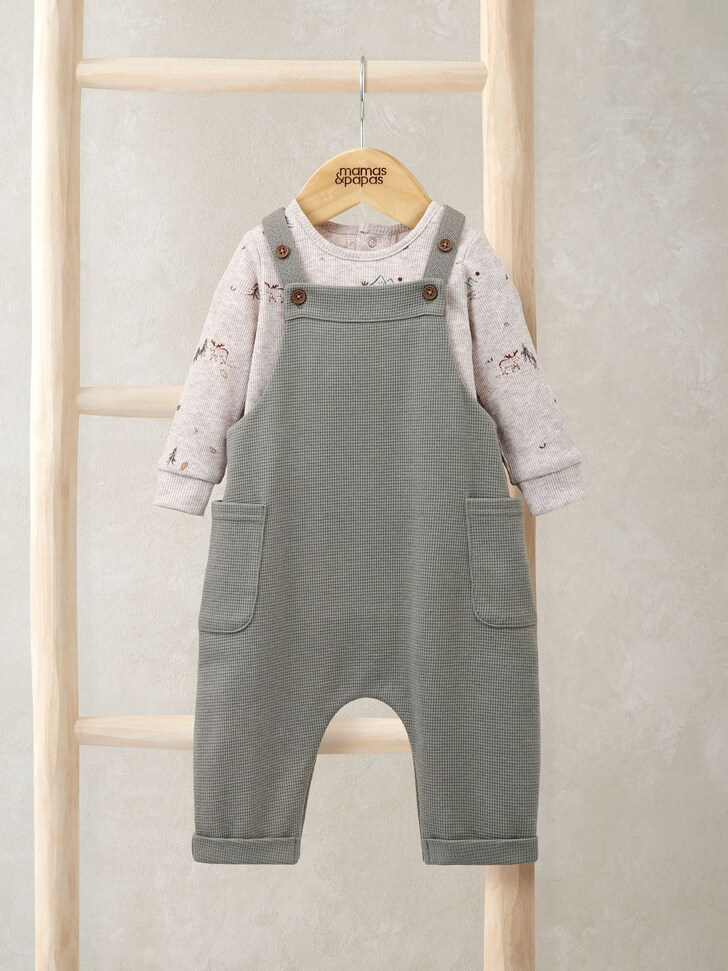 Mamas & Papas Green Waffle Dungarees And Moose Print Bodysuit Set