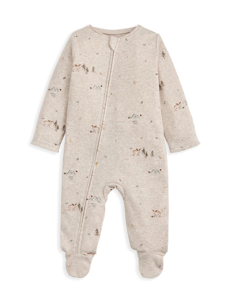 Mamas & Papas Cream Moose Print Ribbed Jersey Zip Sleepsuit - Image 1 of 2