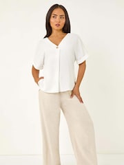 Roman White Petite One Buttoned V-Neck Blouse - Image 2 of 5
