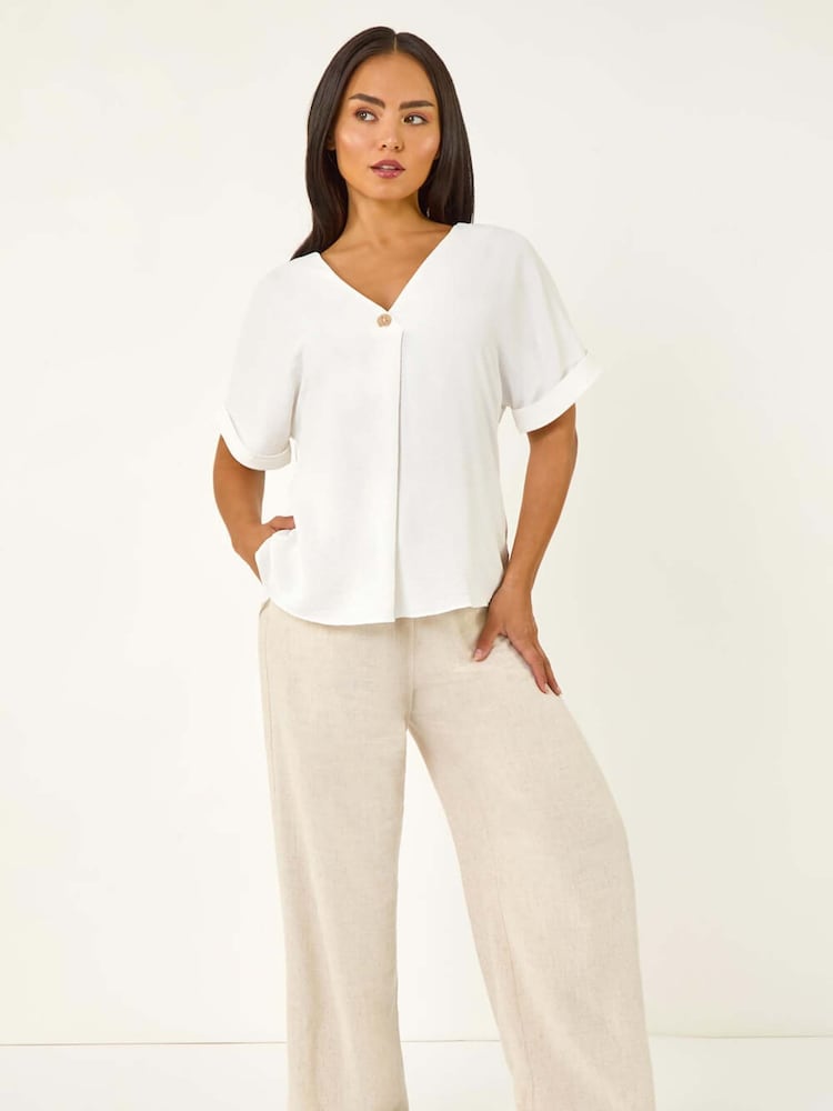 Roman White Petite One Buttoned V-Neck Blouse - Image 2 of 5