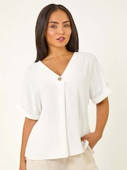 Roman White Petite One Buttoned V-Neck Blouse - Image 4 of 5