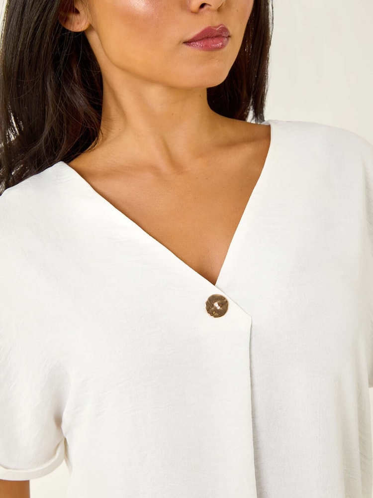 Roman White Petite One Buttoned V-Neck Blouse - Image 5 of 5