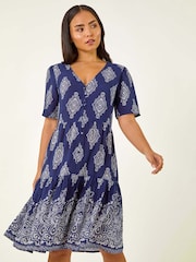 Roman Blue Petite Border Print Tiered Dress - Image 1 of 5