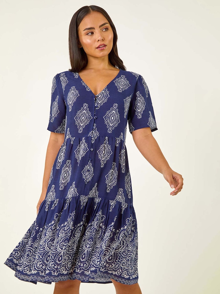 Roman Blue Petite Border Print Tiered Dress - Image 1 of 5