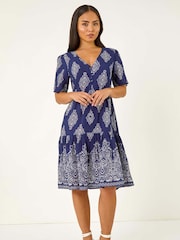 Roman Blue Petite Border Print Tiered Dress - Image 2 of 5