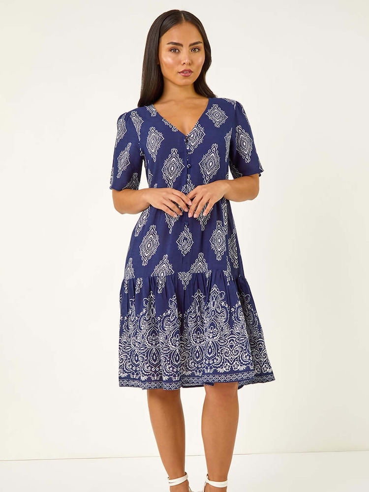 Roman Blue Petite Border Print Tiered Dress - Image 2 of 5