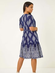 Roman Blue Petite Border Print Tiered Dress - Image 3 of 5