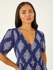 Roman Blue Petite Border Print Tiered Dress - Image 4 of 5