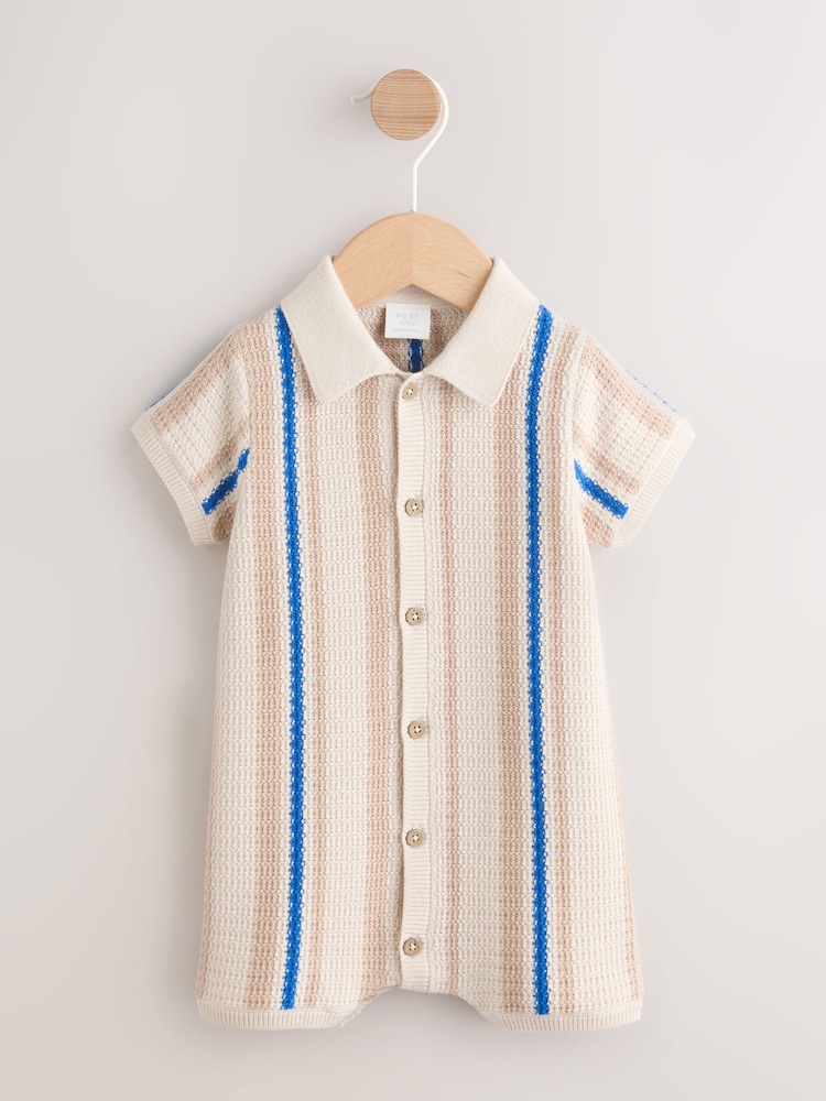 Blue/Neutral Stripe Knitted Baby Romper (0mths-3yrs) - Image 1 of 7