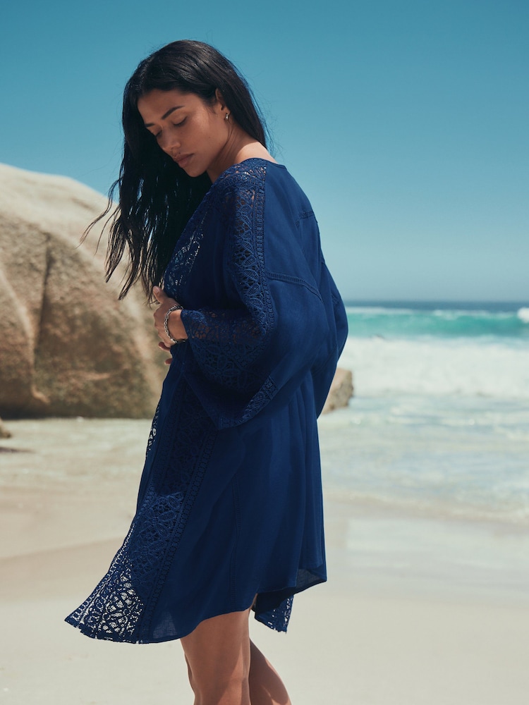Womens Next Royal Blue Tie Front Crochet Detail Kaftan Cover-Up M (US 8-10) Womens Next Royal Blue Tie Front Crochet Detail Kaftan Cover-Up M (US 8-10)