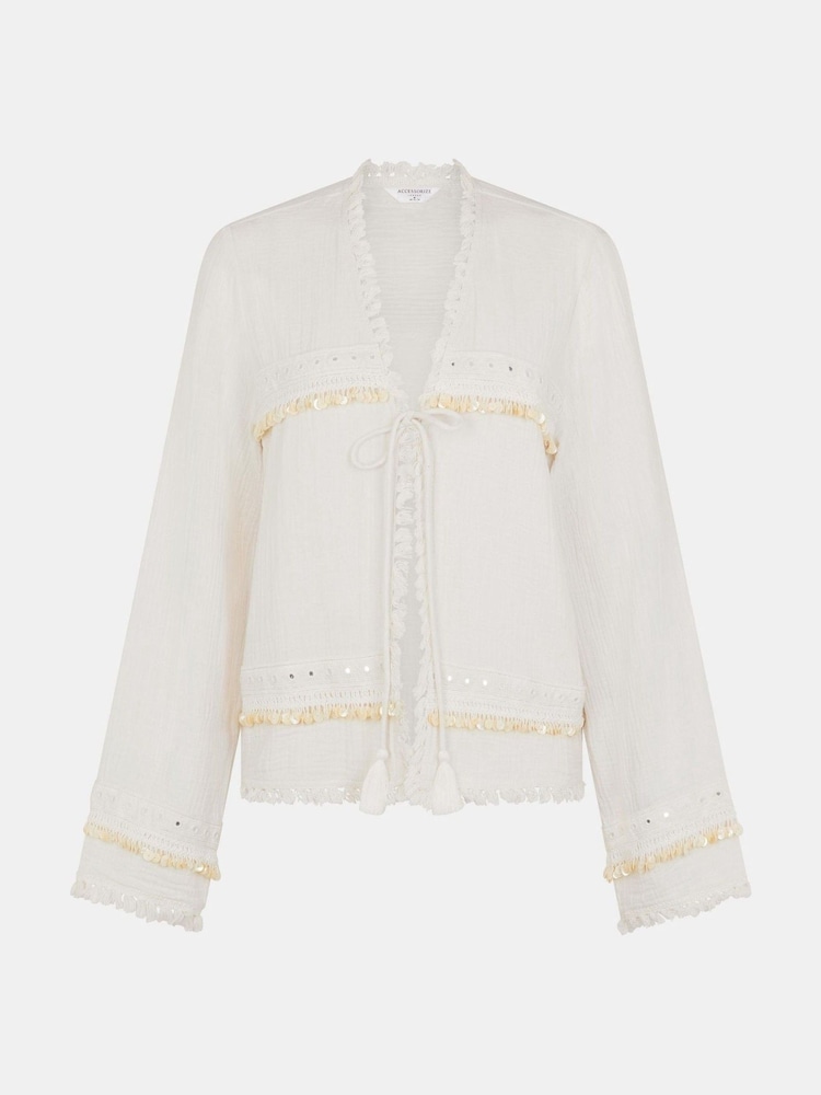 Accessorize White Mirror Embellished Long Sleeve Tie Blouse - Image 1 of 1