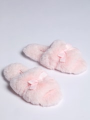 Boux Avenue Pink Plush Bow Slider Slippers - Image 2 of 5