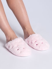 Boux Avenue Pink Heart Embroidered Borg Mule Slippers - Image 1 of 6