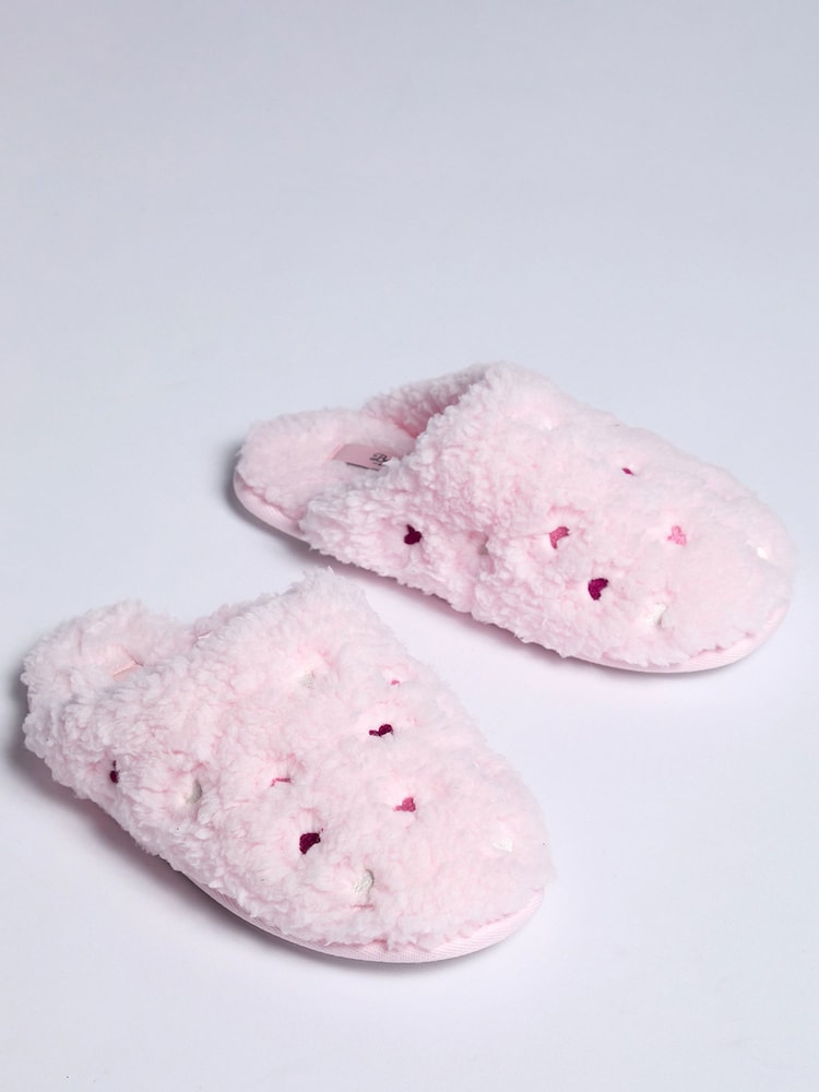 Boux Avenue Pink Heart Embroidered Borg Mule Slippers - Image 2 of 6