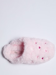 Boux Avenue Pink Heart Embroidered Borg Mule Slippers - Image 4 of 6