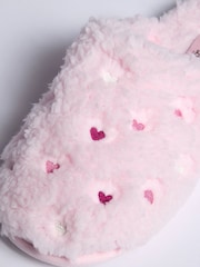 Boux Avenue Pink Heart Embroidered Borg Mule Slippers - Image 6 of 6