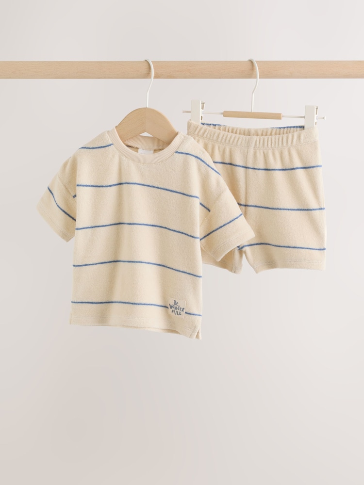 Neutral/Blue Stripe Top and Short Towelling Baby Set (0mths-2yrs) - Image 1 of 14 Neutral/Blue Stripe Top and Short Towelling Baby Set (0mths-2yrs) - Image 1 of 14
