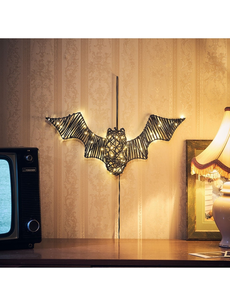 Lights4fun Black Rattan Outdoor Light-Up Halloween Bat - Image 1 of 4