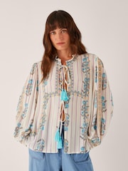 Monsoon Cream Elora Floral Print Stripe Tie Blouse - Image 1 of 5