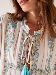 Monsoon Cream Elora Floral Print Stripe Tie Blouse - Image 4 of 5