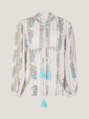 Monsoon Cream Elora Floral Print Stripe Tie Blouse - Image 5 of 5