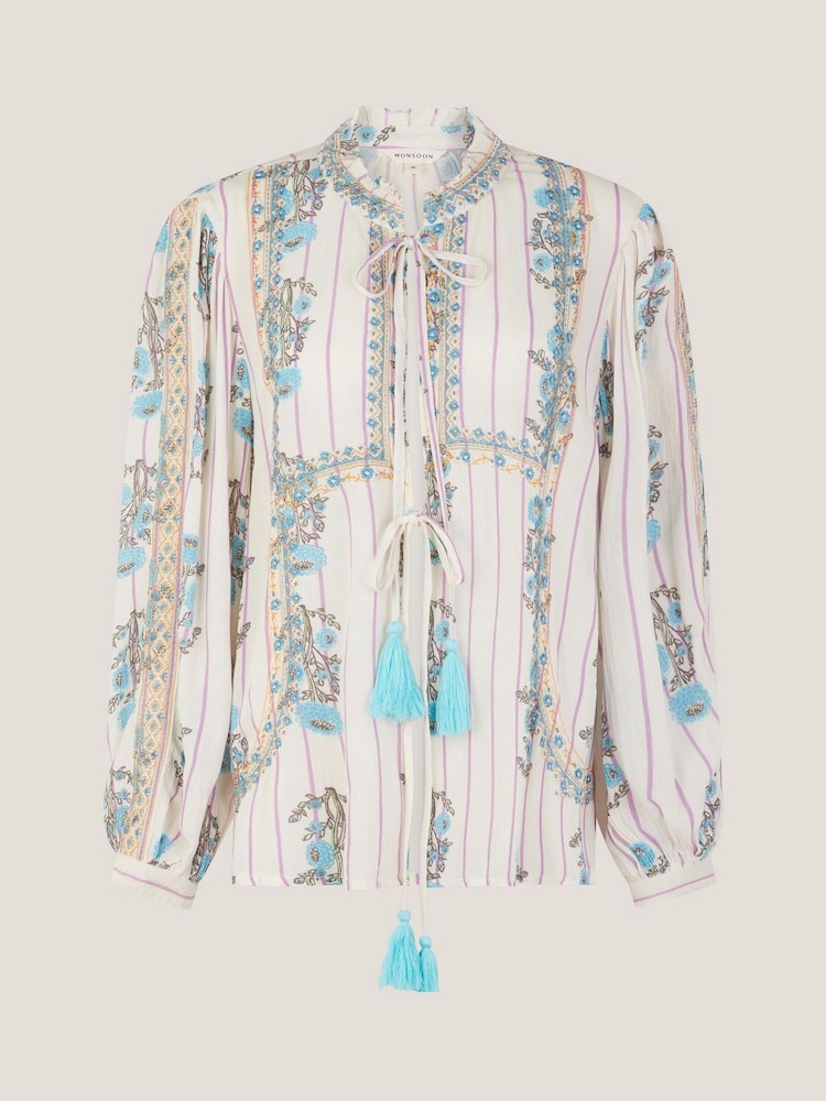 Monsoon Cream Elora Floral Print Stripe Tie Blouse - Image 5 of 5