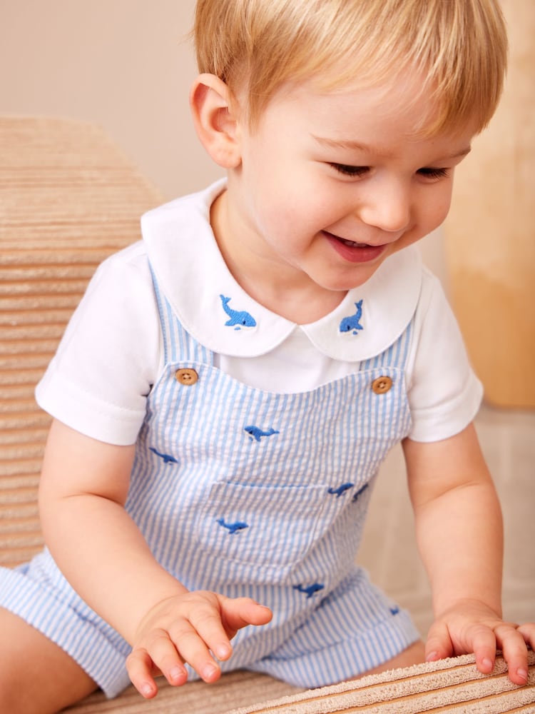 JoJo Maman Bébé Blue Whale Stripe Dungaree & Body Set - Image 1 of 1