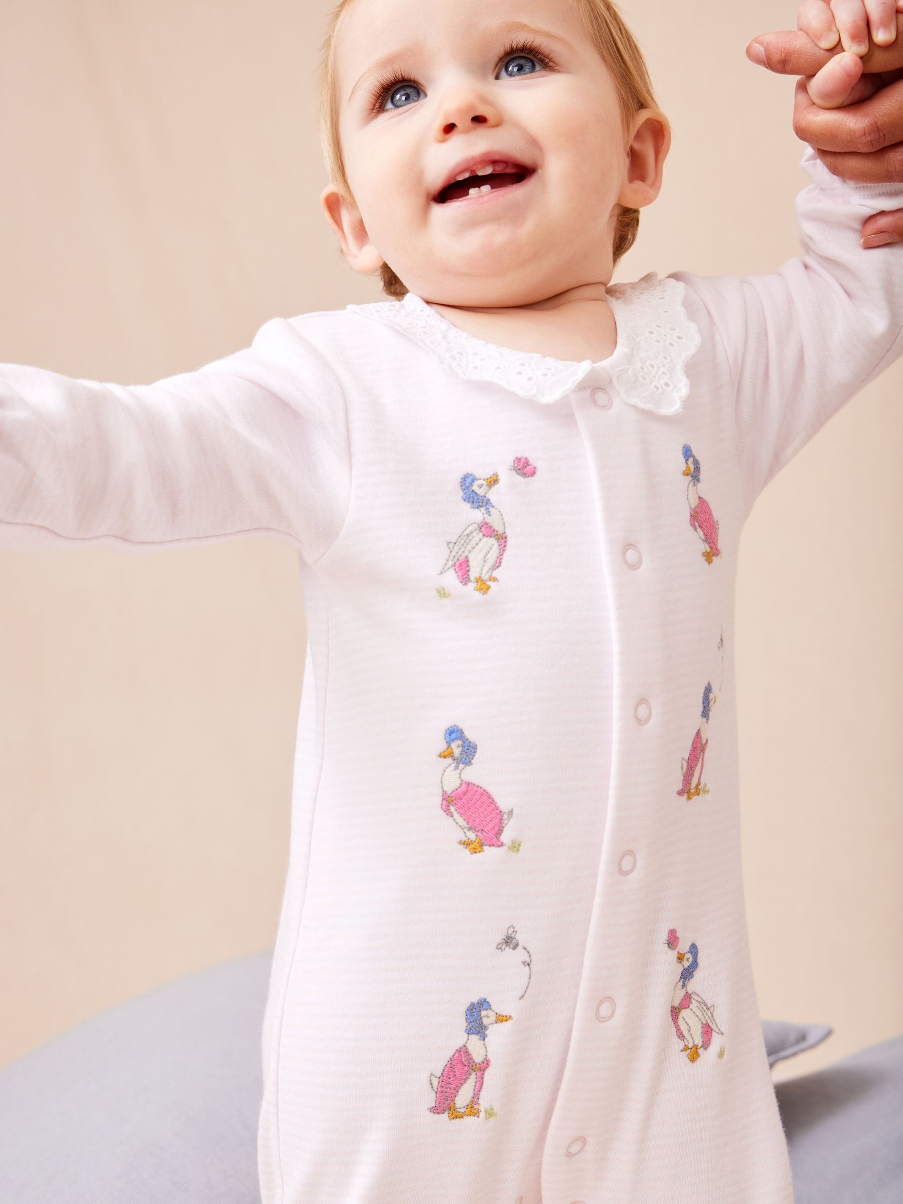 Jojo Maman Bébé Pink Jemima Puddle-Duck Stripe Cotton Footed Embroidered Sleepsuit