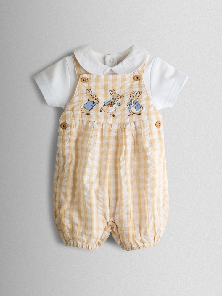 JoJo Maman Bébé Natural Peter Rabbit™ Checked Dungaree & Body Set - Image 2 of 8 JoJo Maman Bébé Natural Peter Rabbit™ Checked Dungaree & Body Set - Image 2 of 8