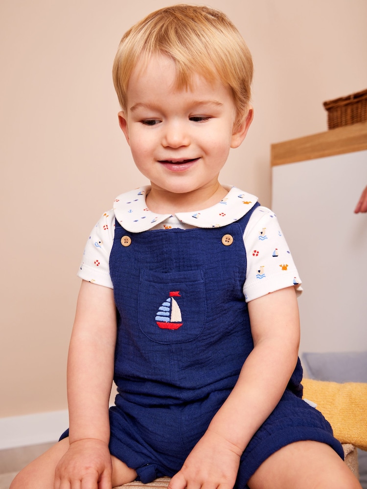 Jojo Maman Bébé Blue Dungarees Set - Image 1 of 9 Jojo Maman Bébé Blue Dungarees Set - Image 1 of 9
