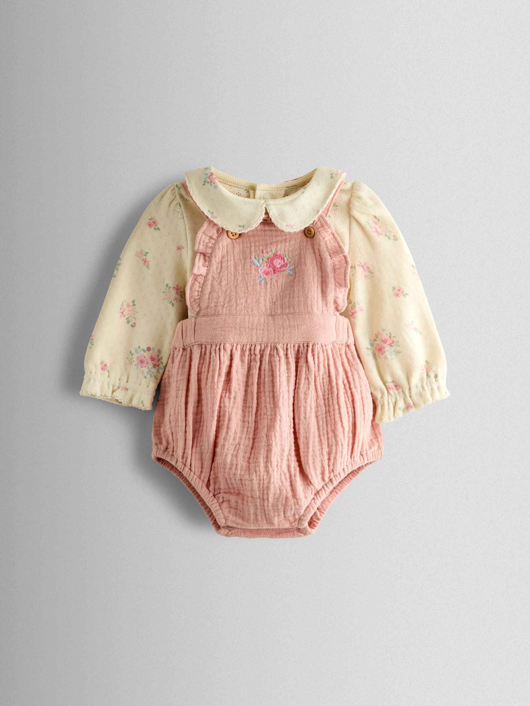 Jojo Maman Bébé Pink Floral Bubble Dungaree And Body Set