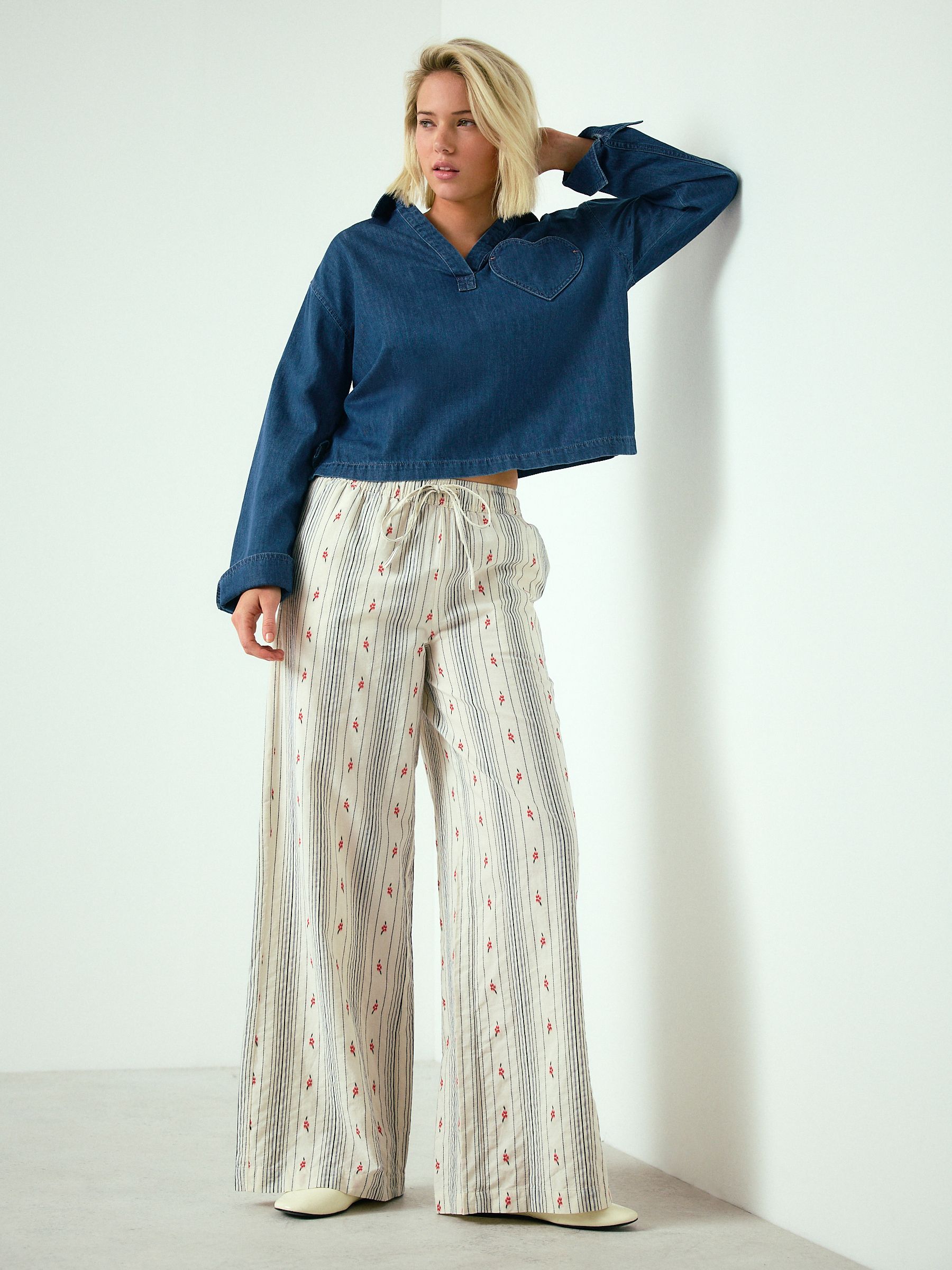 Ecru Stripe Wide Leg Trousers With Flowers