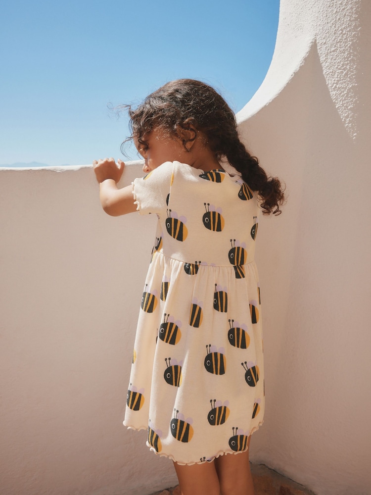 Girls Next Cream Bumblebee Short Sleeve Ribbed Dress (3mths-7yrs) 9 - 12 Months