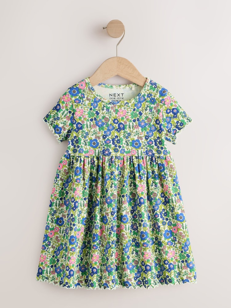 Blue Floral Short Sleeve Ribbed Dress (3mths-7yrs) - Image 1 of 4
