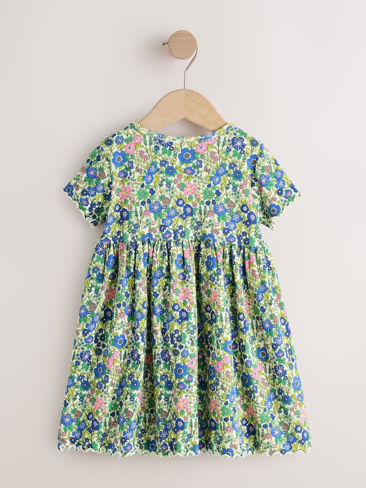 Blue Floral Short Sleeve Ribbed Dress (3mths-7yrs) - Image 2 of 4