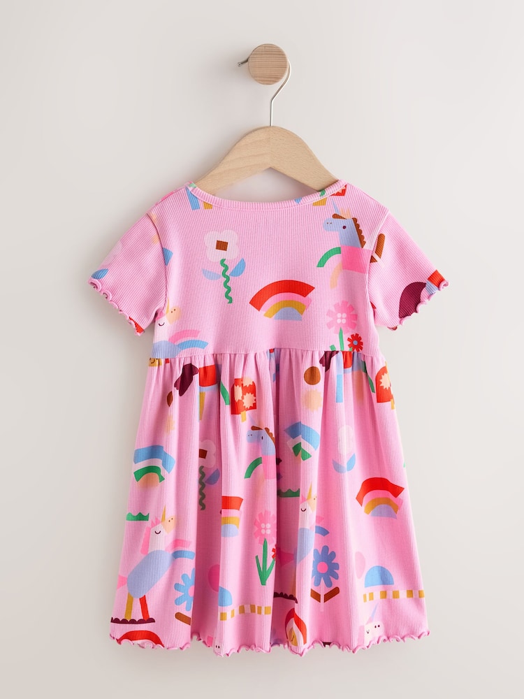 Pink Unicorn Short Sleeve Ribbed Dress (3mths-7yrs) - Image 2 of 4