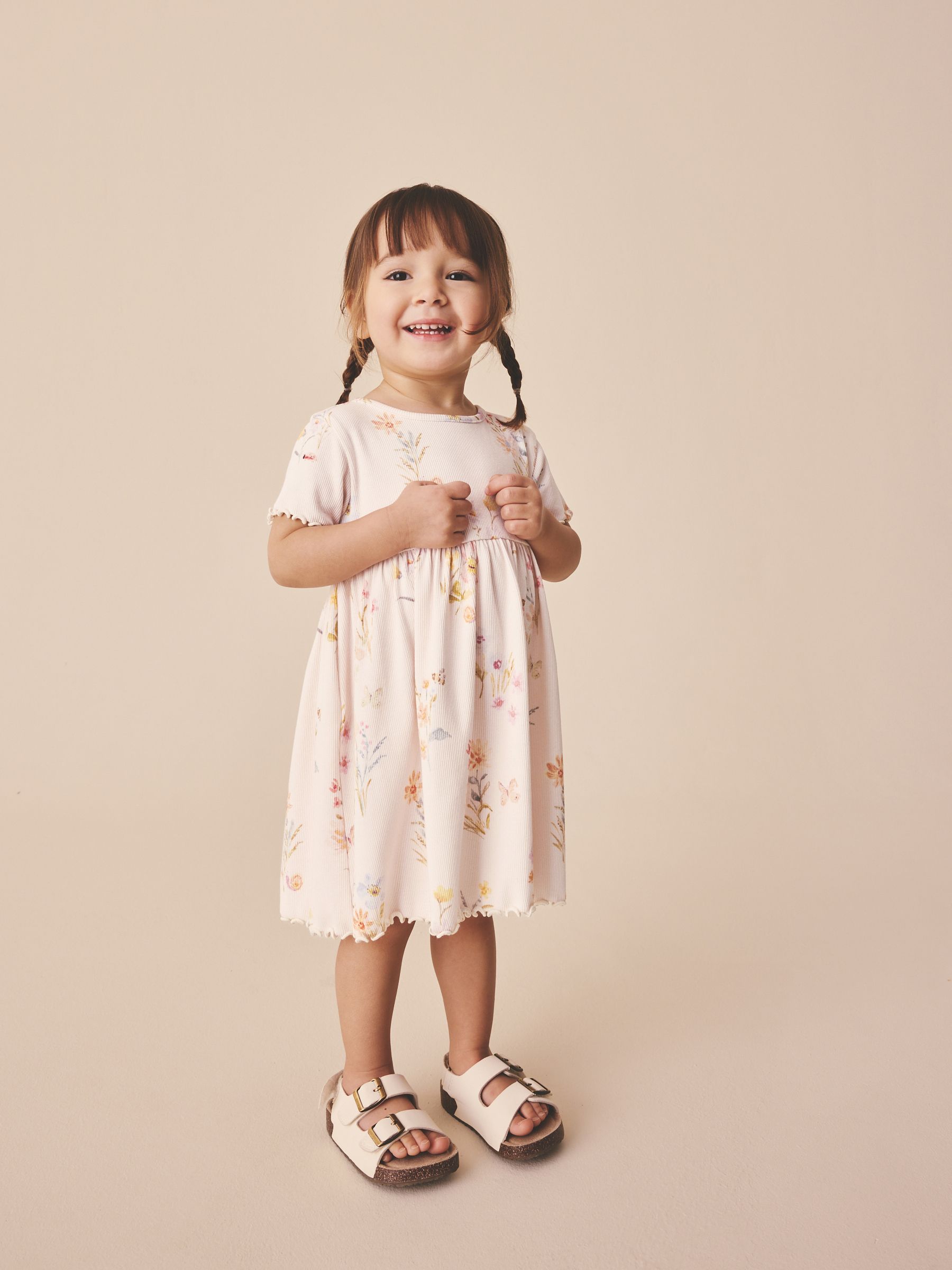 Buy Cream Floral Short Sleeve Ribbed Dress (3mths-7yrs) from Next