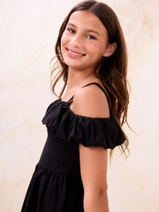 Lipsy Black Puff Detail Bardot Skater Dress (5-16yrs) - Image 2 of 4
