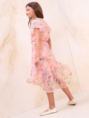 Lipsy Pink Floral Print Chiffon Occasion Dress (5-16yrs) - Image 4 of 4