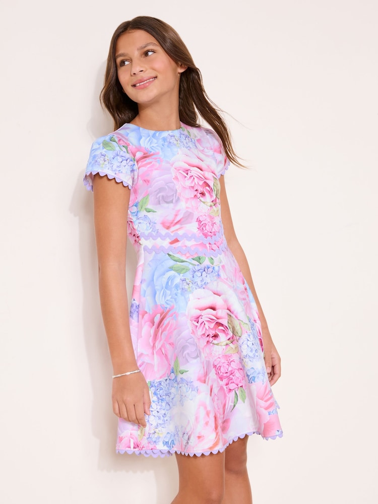 Lipsy Pink Floral Cap Sleeve Scuba Occasion Dress (5-16yrs) - Image 1 of 5