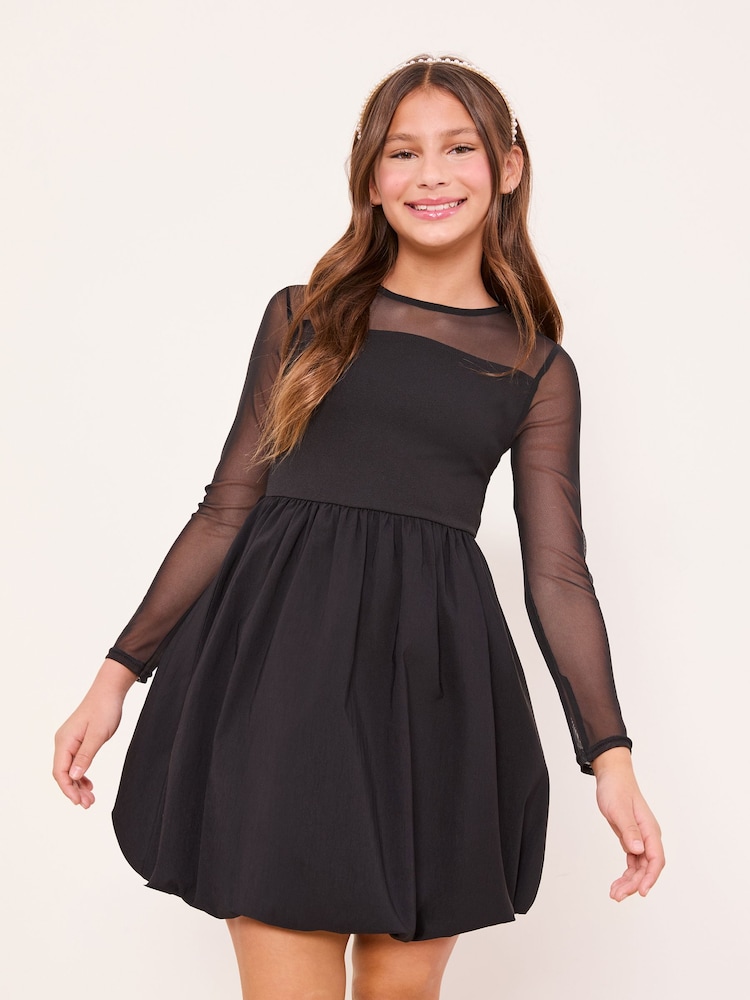 Lipsy Black Mesh 2-In-1 Puff Hem Dress (5-16yrs) - Image 1 of 4