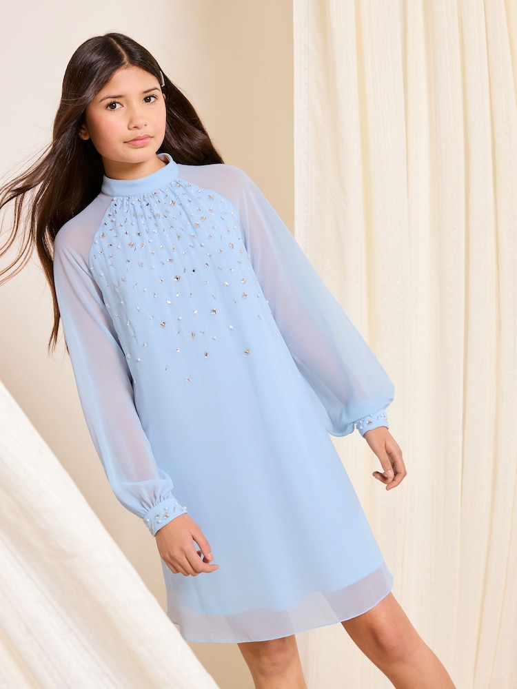 Lipsy Cornflower Blue Embellished Long Sleeve Occasion Dress (5-16yrs) - Image 1 of 4 Lipsy Cornflower Blue Embellished Long Sleeve Occasion Dress (5-16yrs) - Image 1 of 4