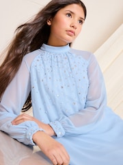 Lipsy Cornflower Blue Embellished Long Sleeve Occasion Dress (5-16yrs) - Image 2 of 4