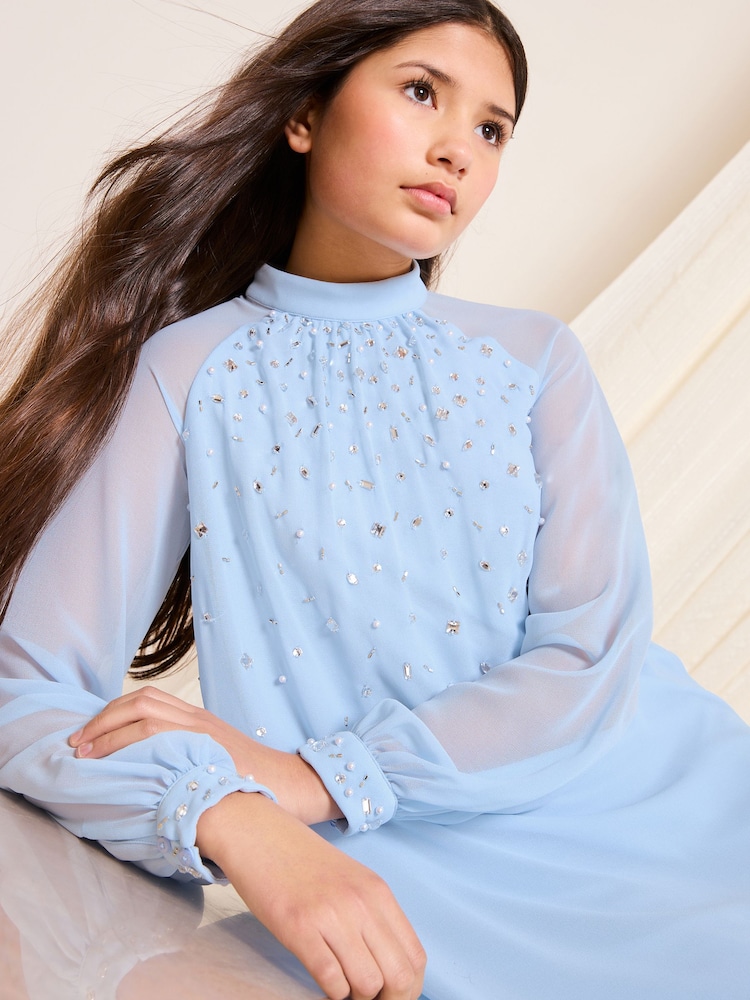Lipsy Cornflower Blue Embellished Long Sleeve Occasion Dress (5-16yrs) - Image 2 of 4 Lipsy Cornflower Blue Embellished Long Sleeve Occasion Dress (5-16yrs) - Image 2 of 4