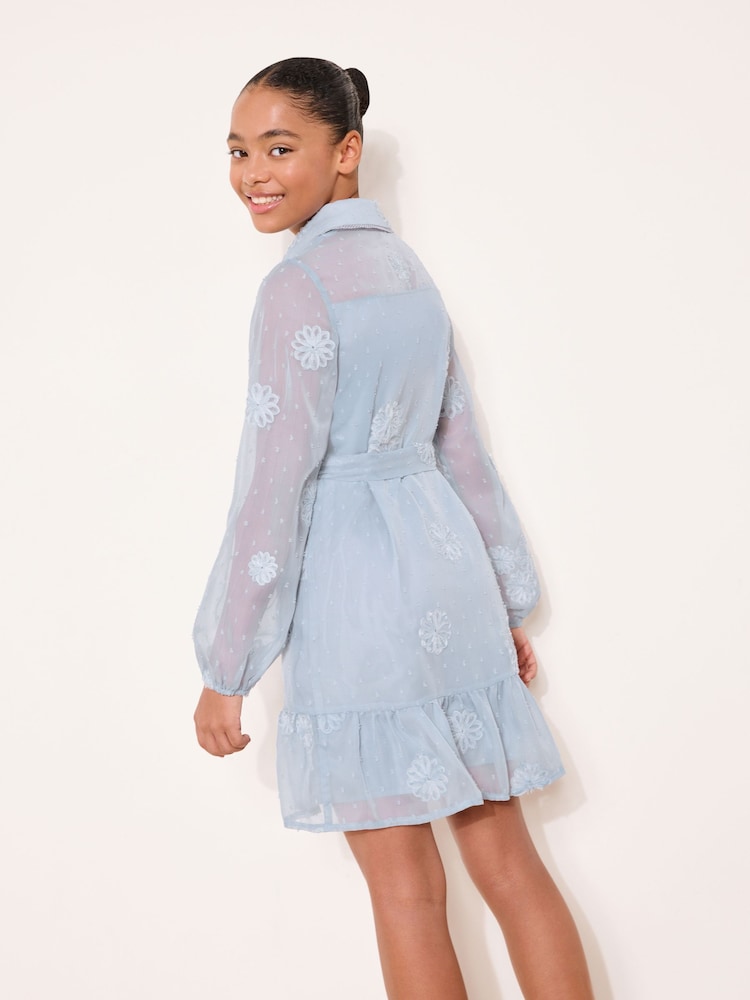 Lipsy Blue Dobby Floral Occasion Shirt Dress (5-16yrs) - Image 5 of 5