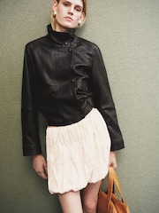 Mango Brown High-Neck Leather Jacket - Image 1 of 4