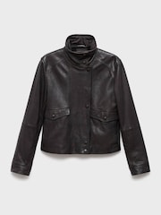 Mango Brown High-Neck Leather Jacket - Image 5 of 6