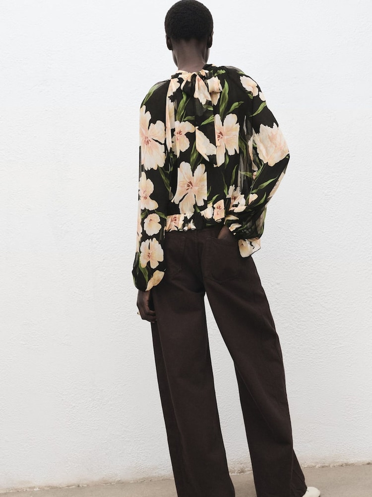 Mango Black Semi-Transparent Floral Blouse - Image 2 of 7 Mango Black Semi-Transparent Floral Blouse - Image 2 of 7