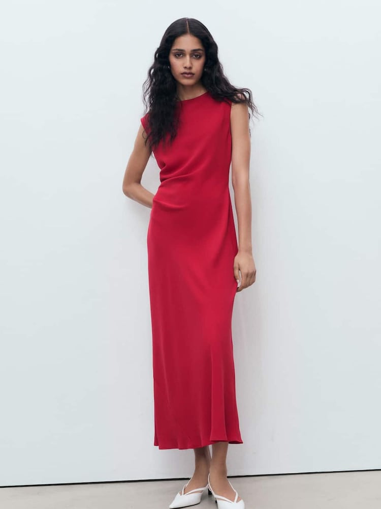 Mango Red Ruched Midi Dress - Image 1 of 6